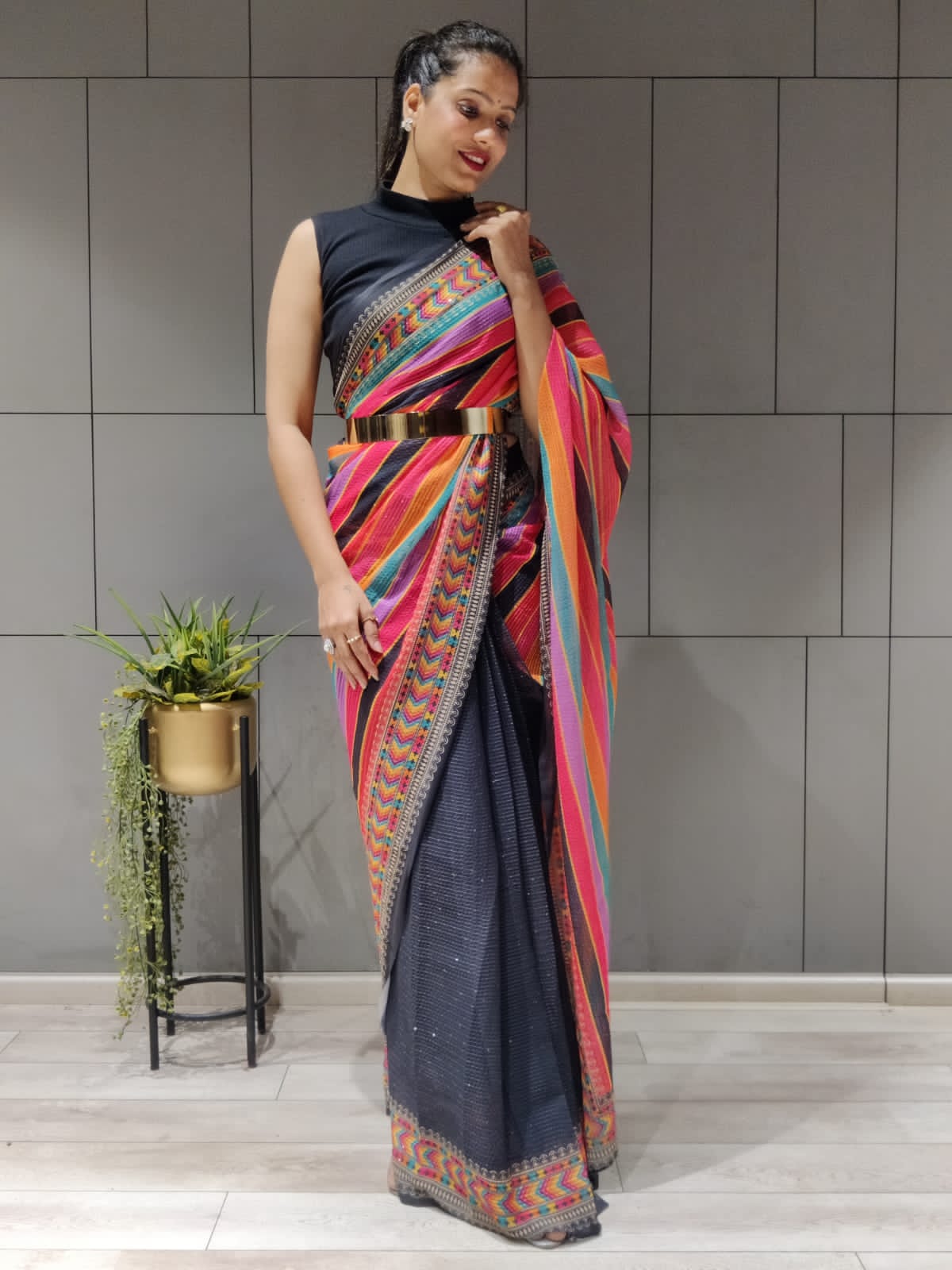 Gorgeous Black Color Ready To Wear Saree With Waist Belt – Fabvilla