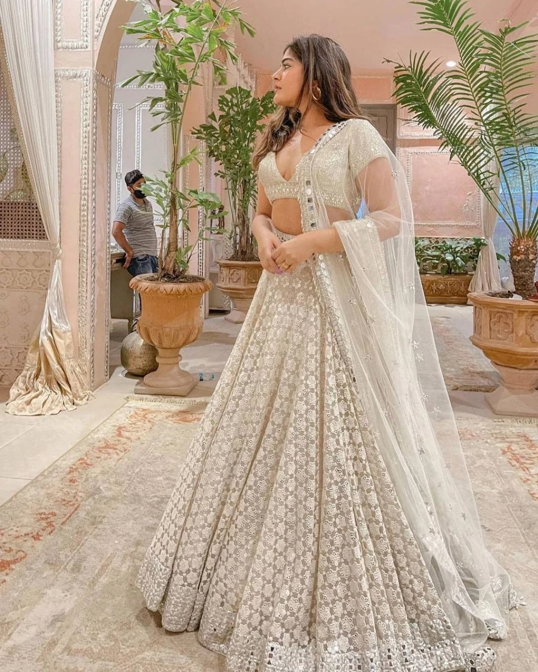 Sophisticated Off White Coloured Wedding Wear Cording Embroidered Net  Lehenga Choli