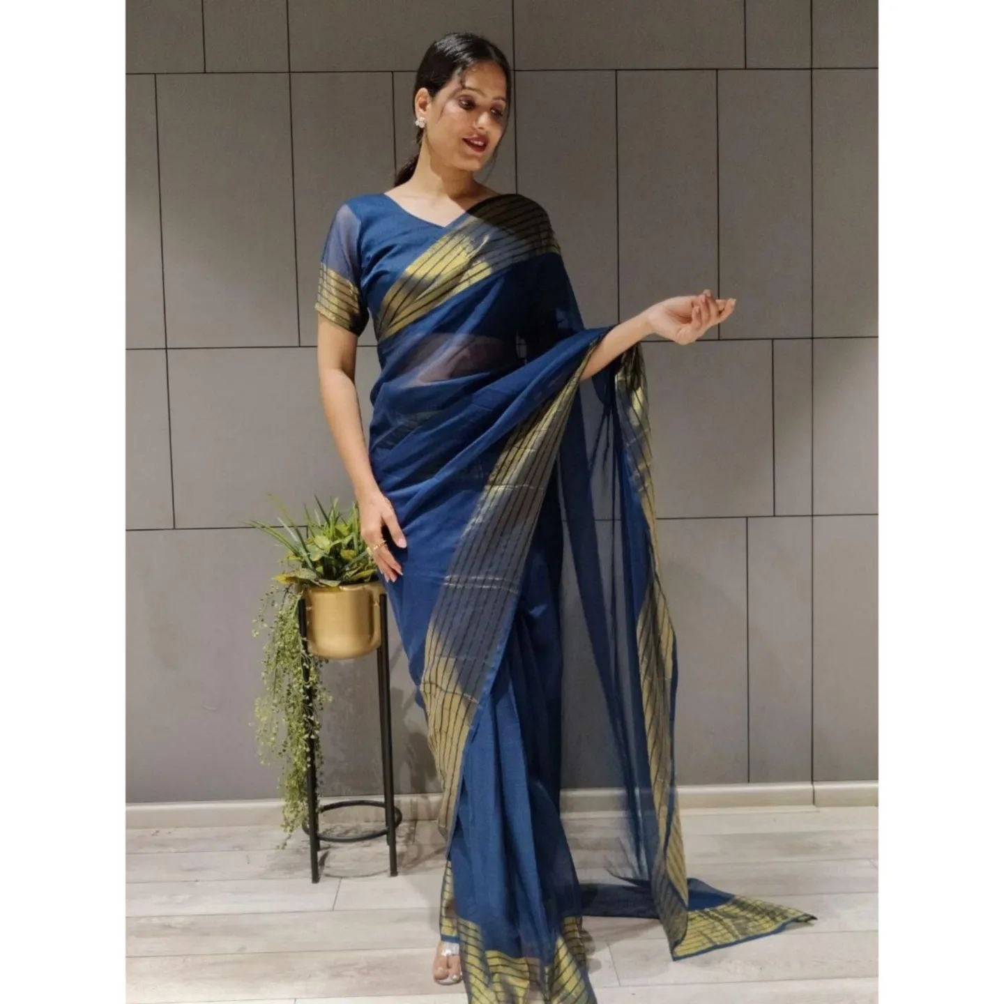 Teal Color Ready to wear Lycra saree with Metal Belt