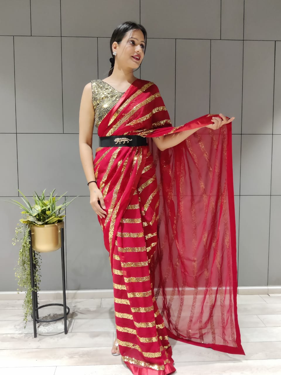 Premium Georgette Embellished With Beautiful Sequins Work Pre Drape Saree