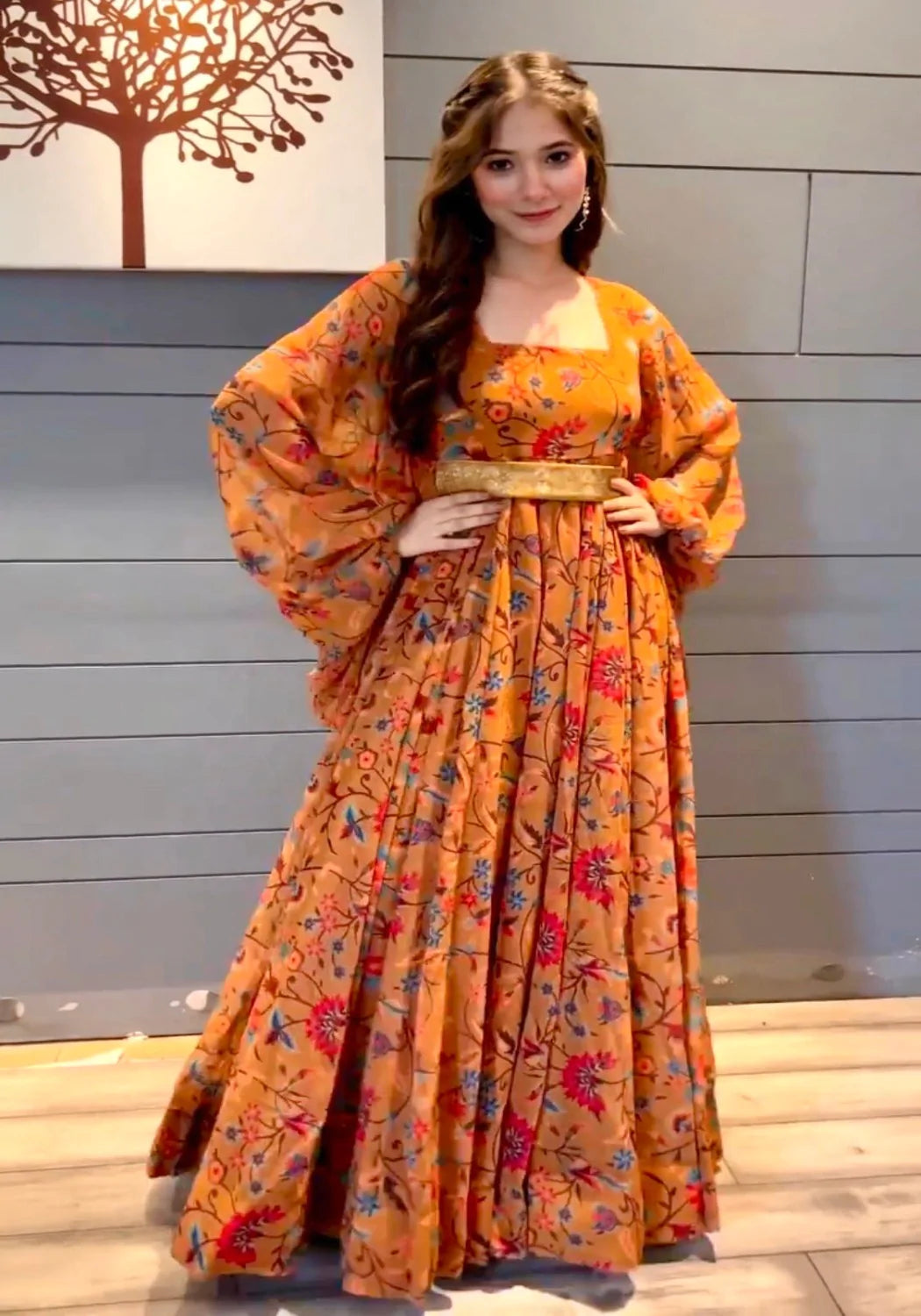 Orange Maxi Dress with Digital Print and Embroidery Work