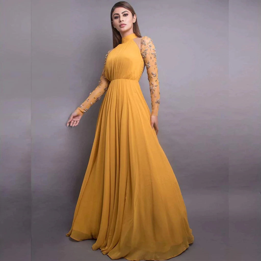 Stunning Mustard colored 8 Meter Flared Maxi Gown with Embellished Sleeves.