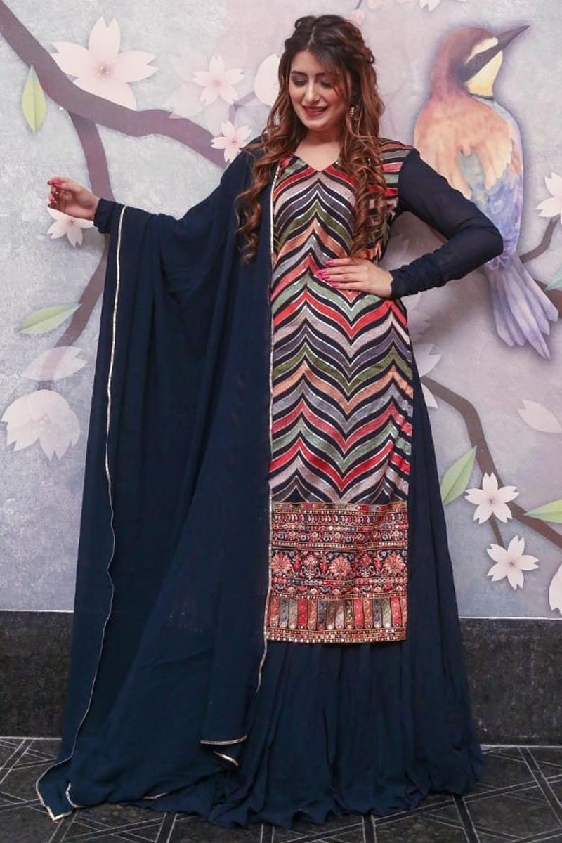 Charming Look Navy Blue Color Georgette Base Designer Palazzo Suit With Dupatta Set