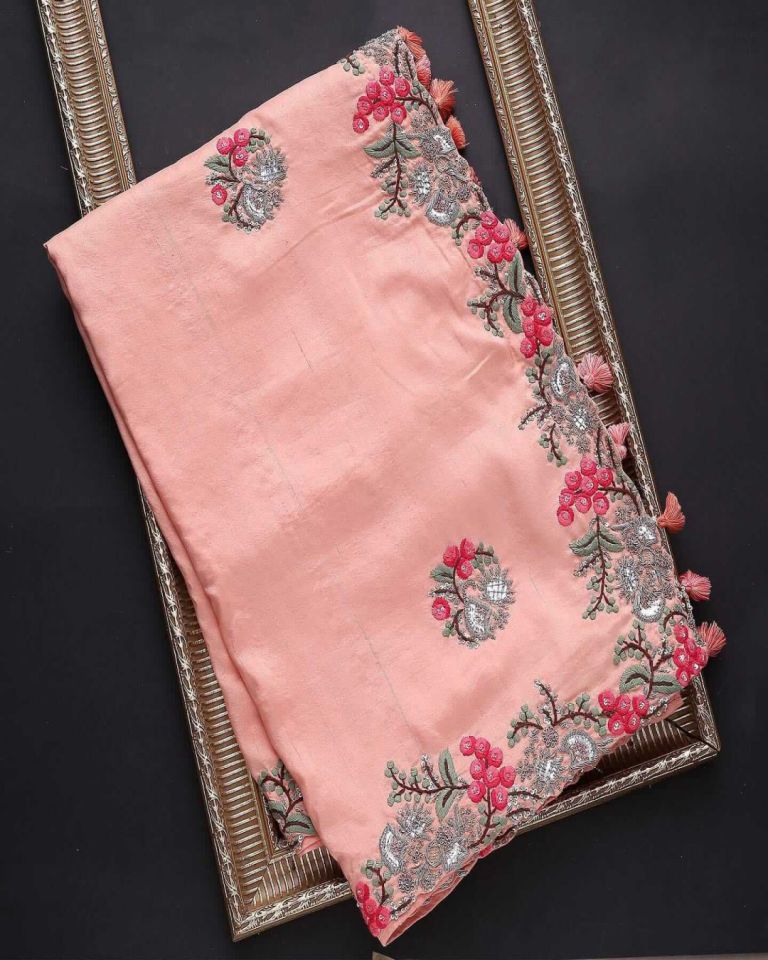 Pink Color Organza Base Sequins And Thread Work Saree With Contrast Blouse