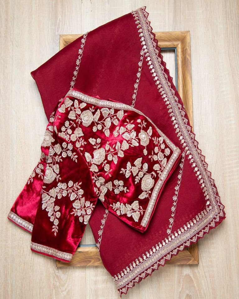 Red Color Organza Fabric Dori And Sequins Work Embroidered Saree