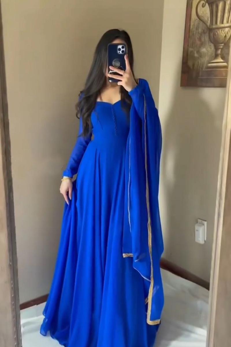 Gorgious Royal Blue Color Georgette Base Designer Look Anarkali Suit With Churidar And  Embroidery Lace Border Duppata Set Of - 3