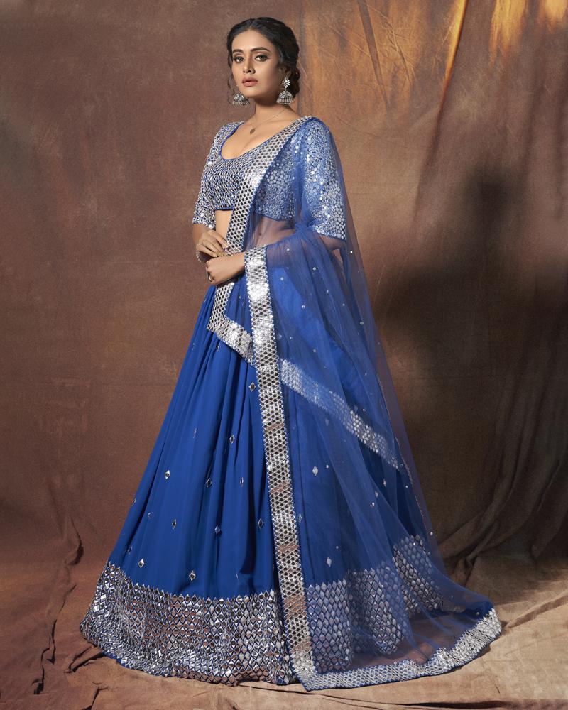 Buy Navy Blue Mirror Work Embroidered Wedding Lehenga Choli In Usa online