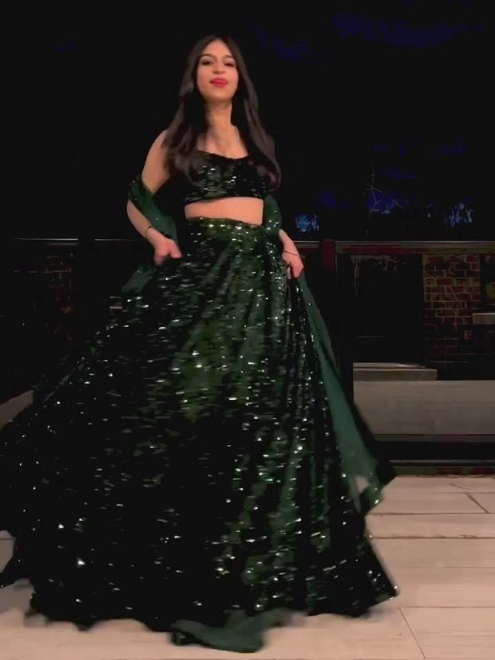 Fully Sequined Green Velvet Lehenga Choli with Net Dupatta