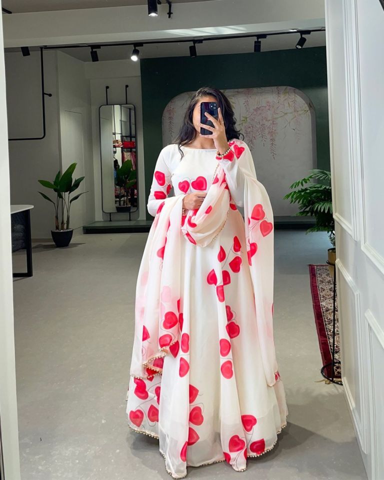 Pink And White Floral Silk Gown