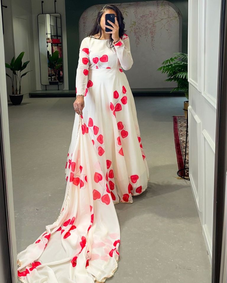 Pink And White Floral Silk Gown
