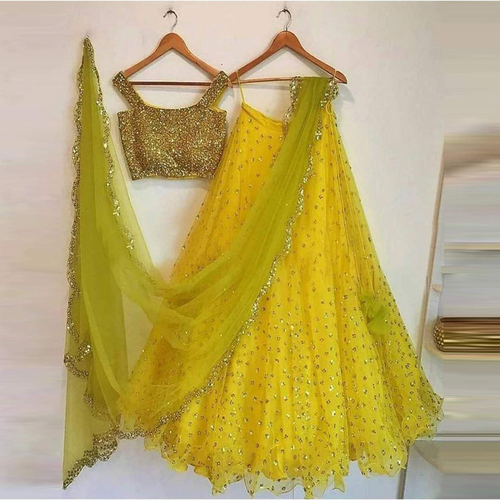 Yellow Lehenga Choli with Heavy Embroidery Cut Work and Full Sequence
